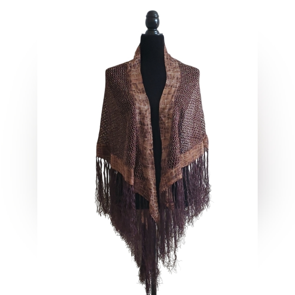 Gold and Brown Threaded Net Poncho / Cape With Tassels at the Bottom